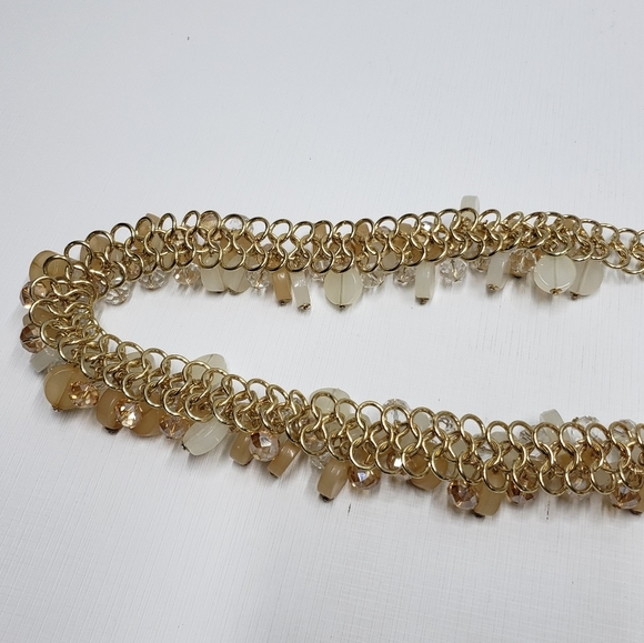 Elegant Gold Tone Chain Beaded Belt Cream Tan Clear Beads - Picture 4 of 8